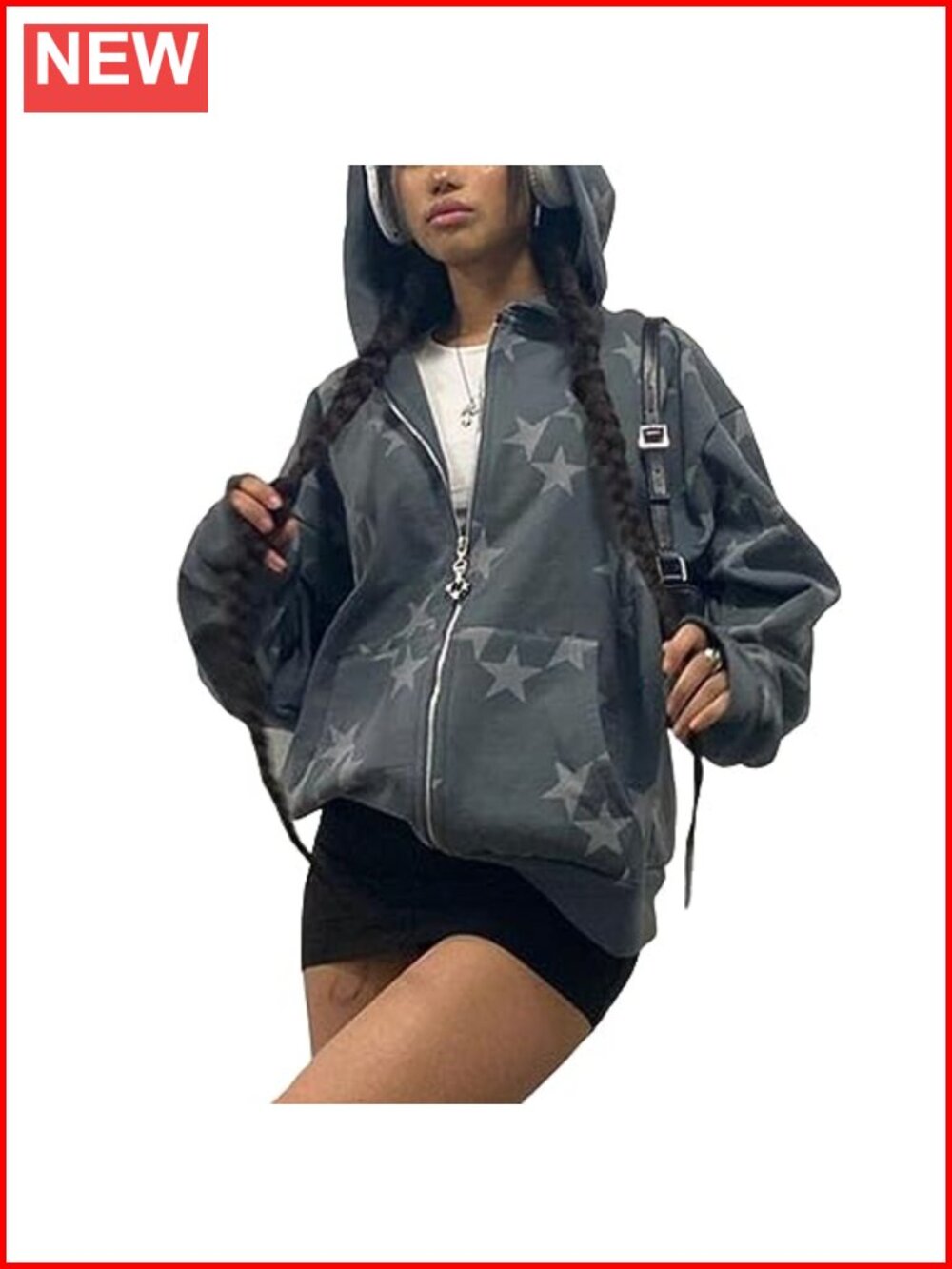 Star Graphic Zip Up Hoodie Oversized Y2K Streetwear Grunge Sweatshirt Jacket